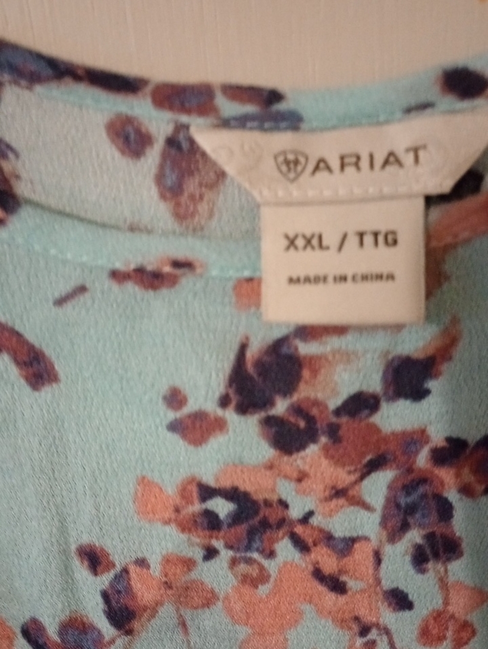 Ariat Aqua Floral Print Blouse with Peach and Navy Accents Cold Shoulder Sz XXL - Picture 3 of 6